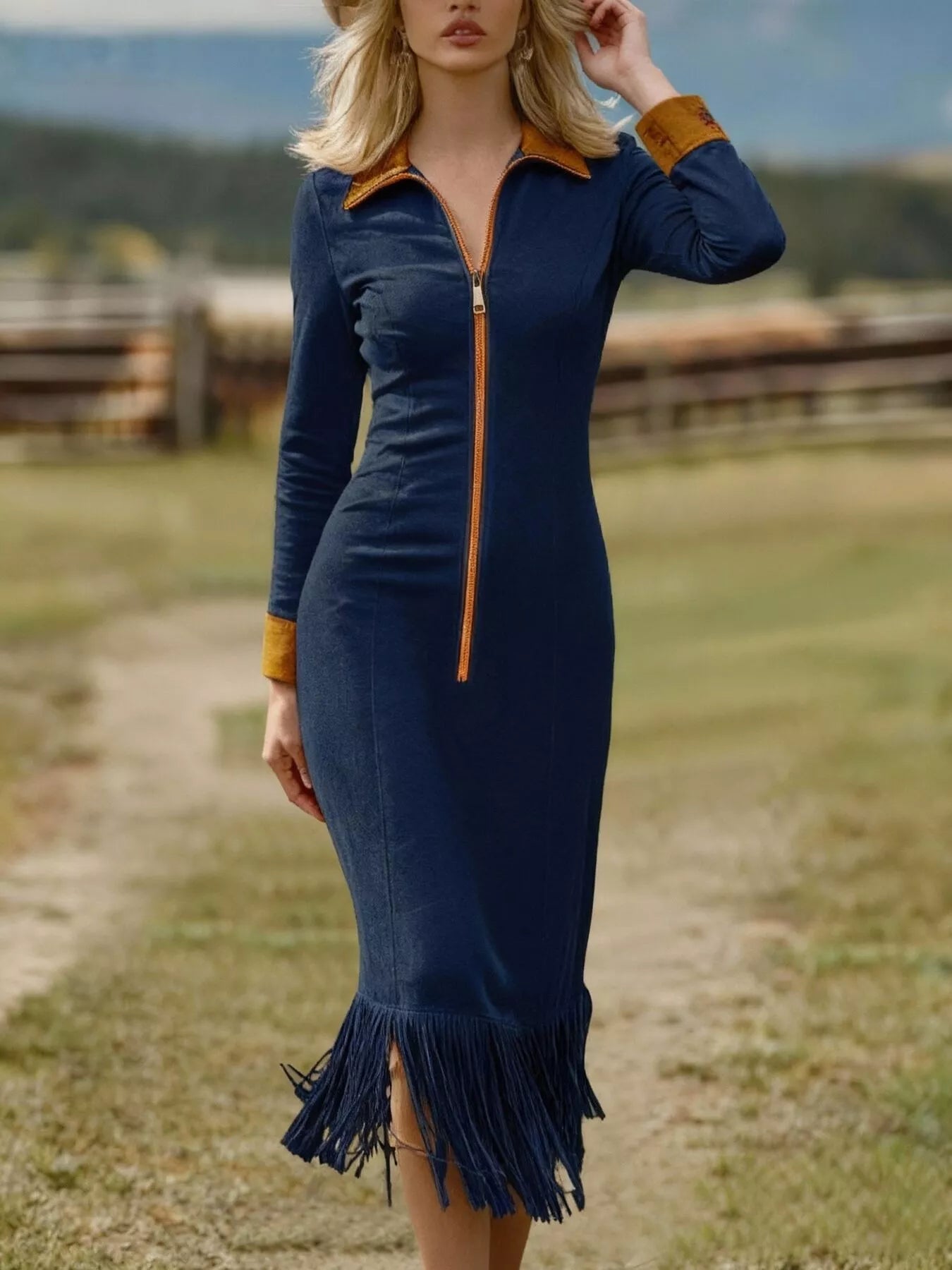 Fringe Hem Zipper Front Bodycon Dress
