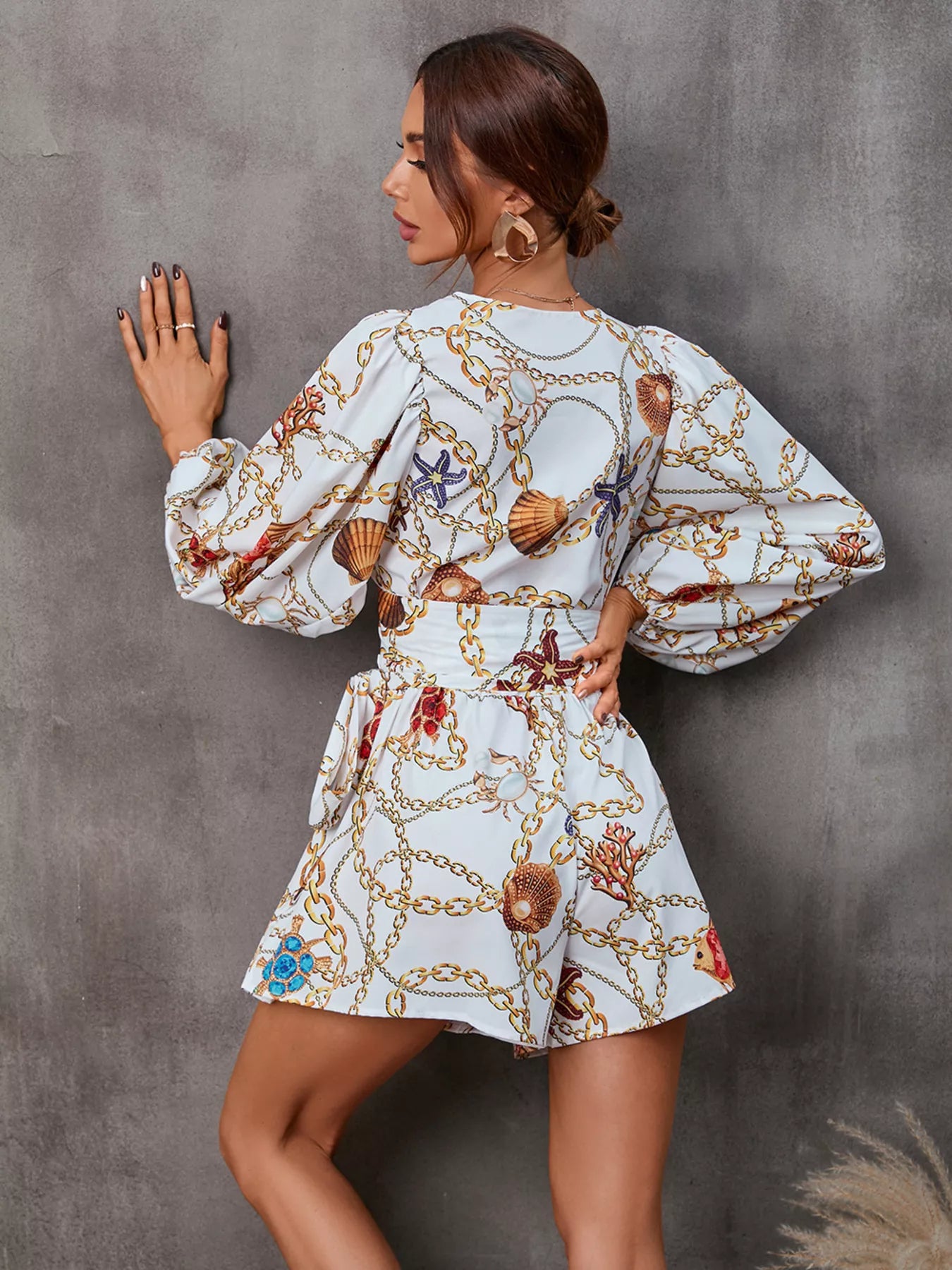 Cutout Front Printed Long Sleeve Romper