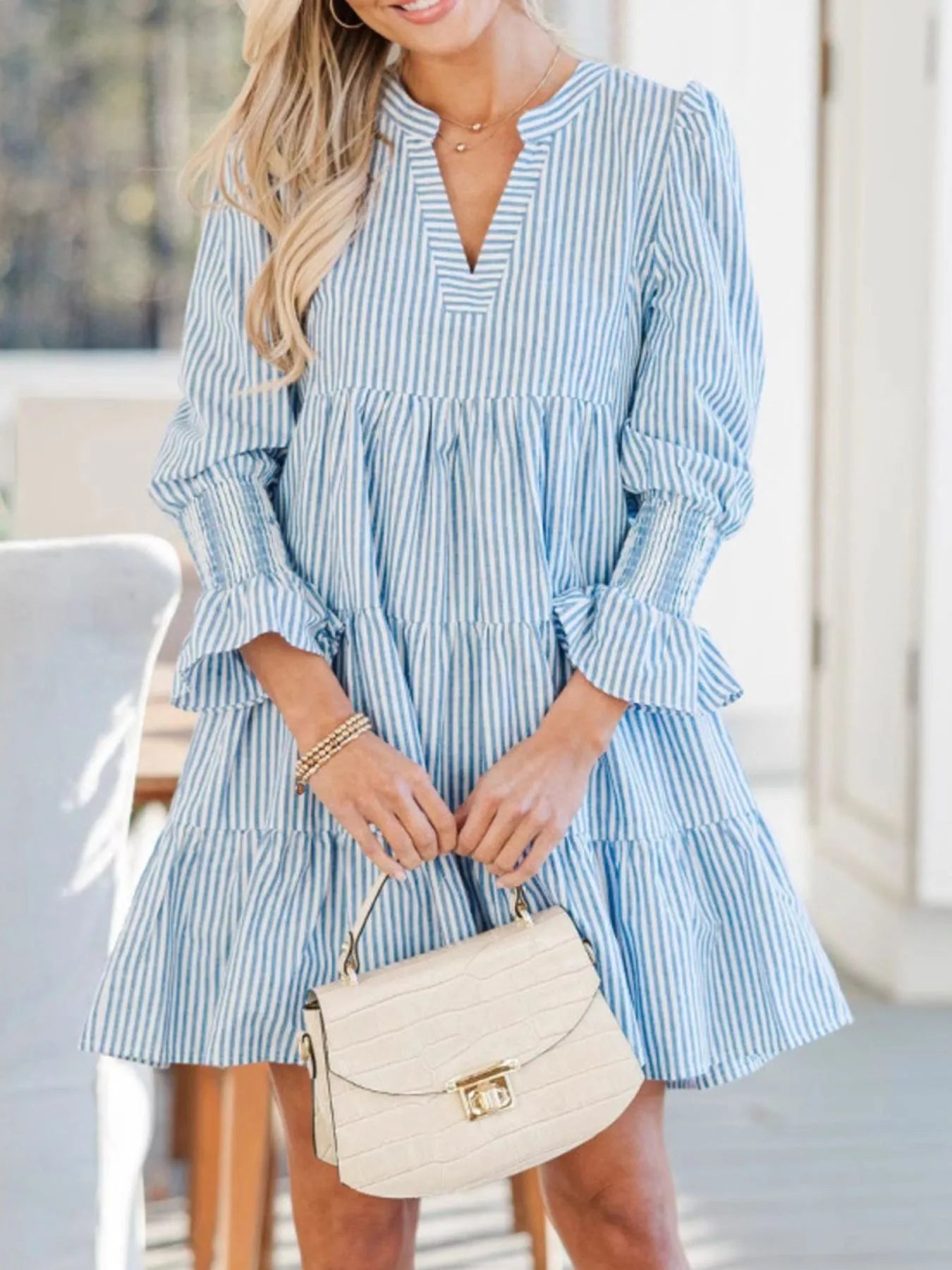 Striped Tiered Flounce Sleeve Shirt Dress