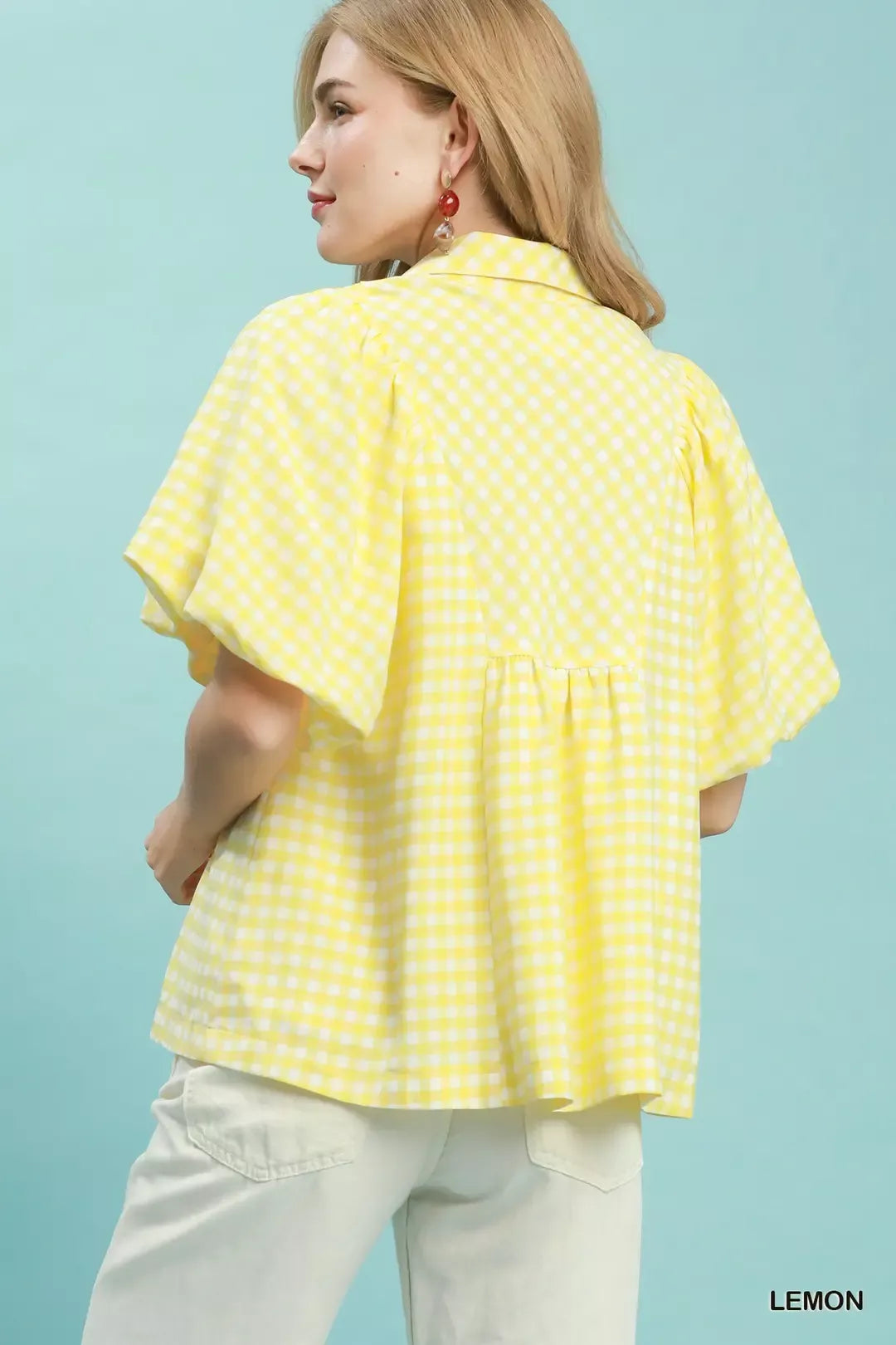 Umgee Smocked Yoke Puff Sleeve Gingham Blouse