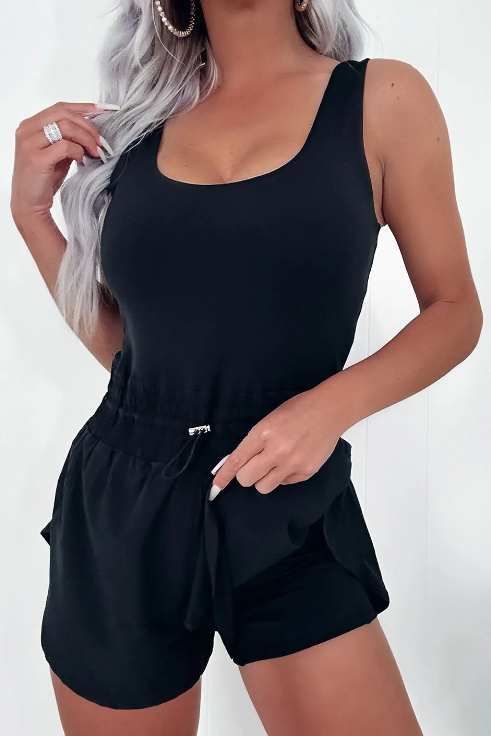 Drawstring Waist Scoop Neck Romper