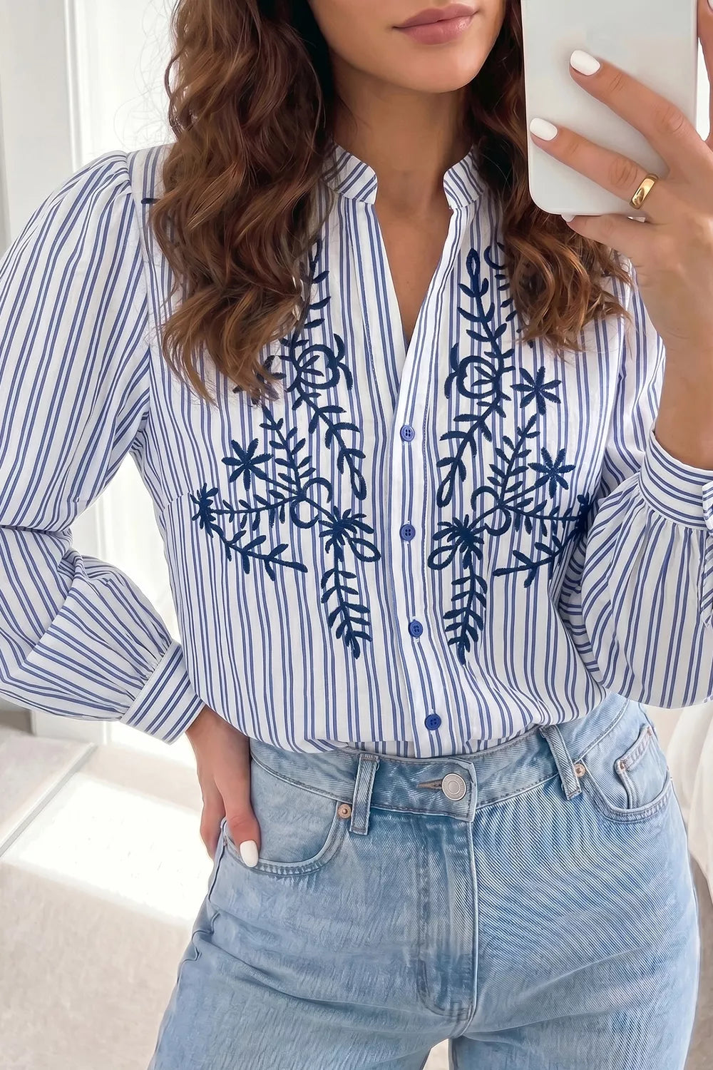 Stripe Embroidered Detail Button Front Long Sleeve Shirt