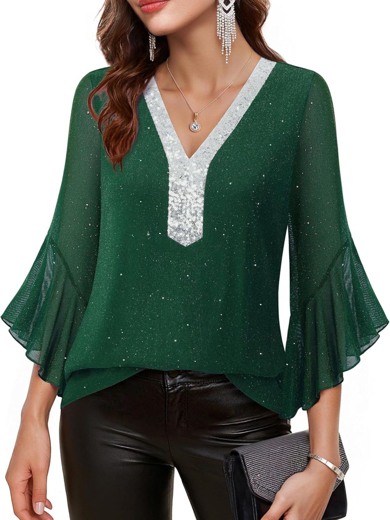 Sequin V-Neck Flounce Sleeve Blouse