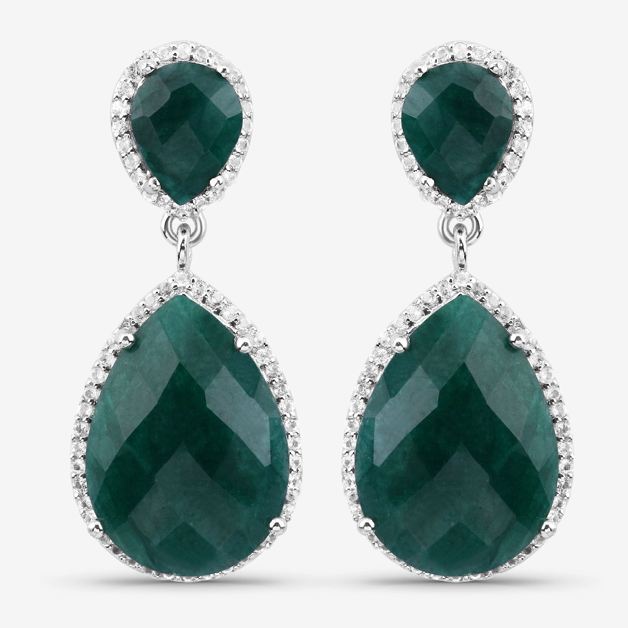 19.42 Carat Dyed Emerald and White Topaz .925 Sterling Silver Earrings