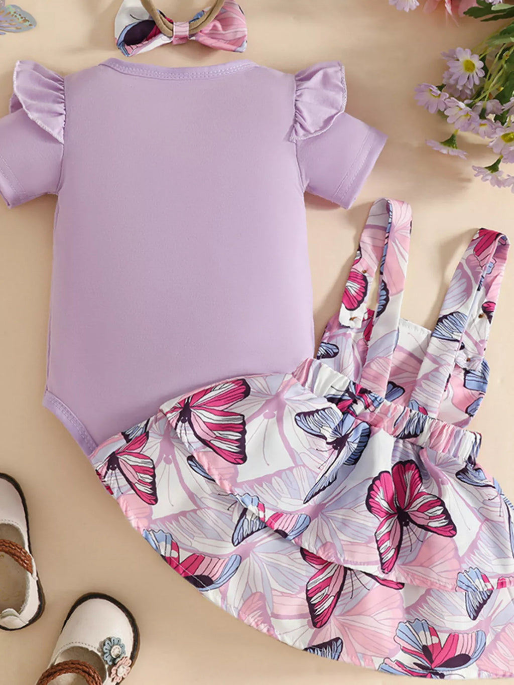 Children's Ruffled Bodysuit and Dress Set with Headband