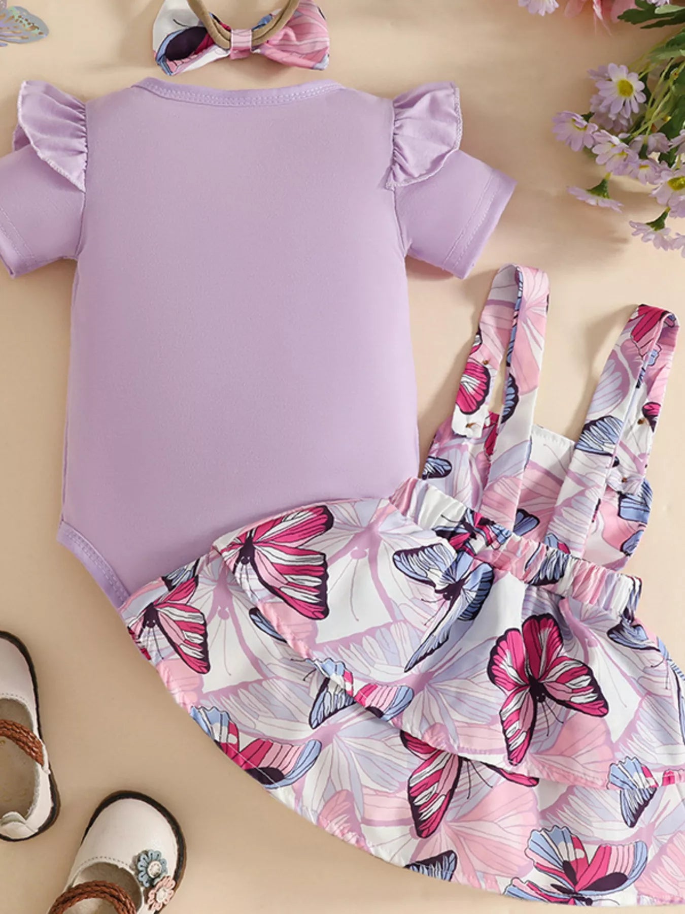 Children's Ruffled Bodysuit and Dress Set with Headband