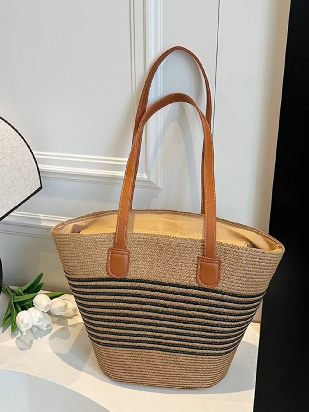 Striped Woven Straw Shoulder Bag