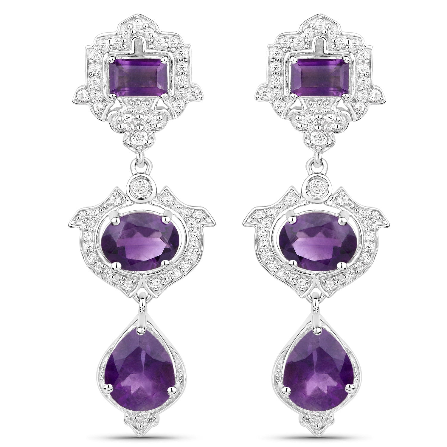 6.97 Carat Genuine Amethyst and White Topaz .925 Sterling Silver Earrings