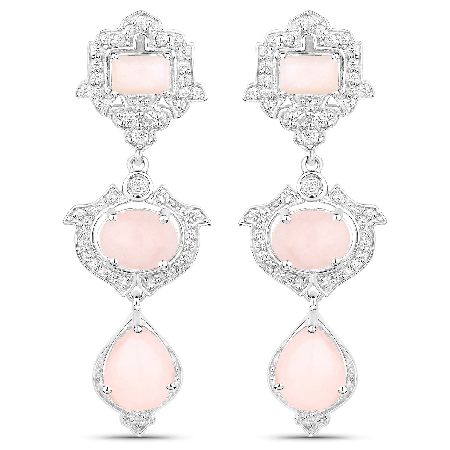 6.97 Carat Genuine Pink Opal and White Topaz .925 Sterling Silver Earrings