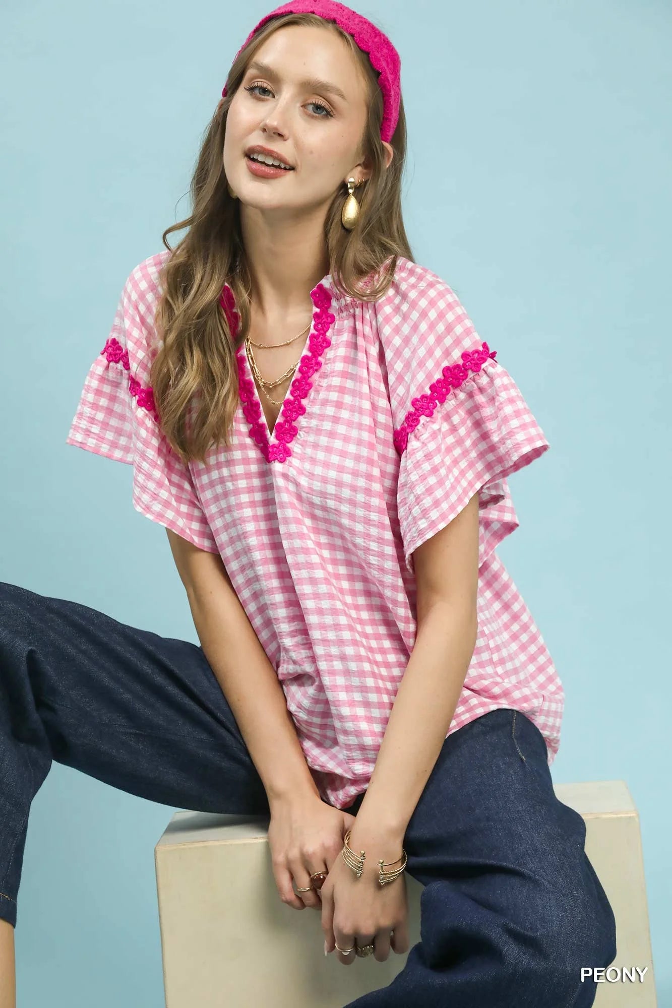 Umgee Gingham Lace Trim Top