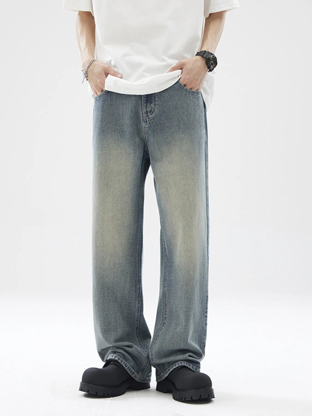 Men's Full Size Vintage Wash Wide Leg Jeans Plus Size