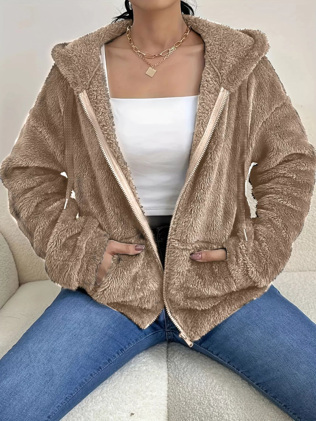 Drawstring Fleece Zip-Up Outerwear
