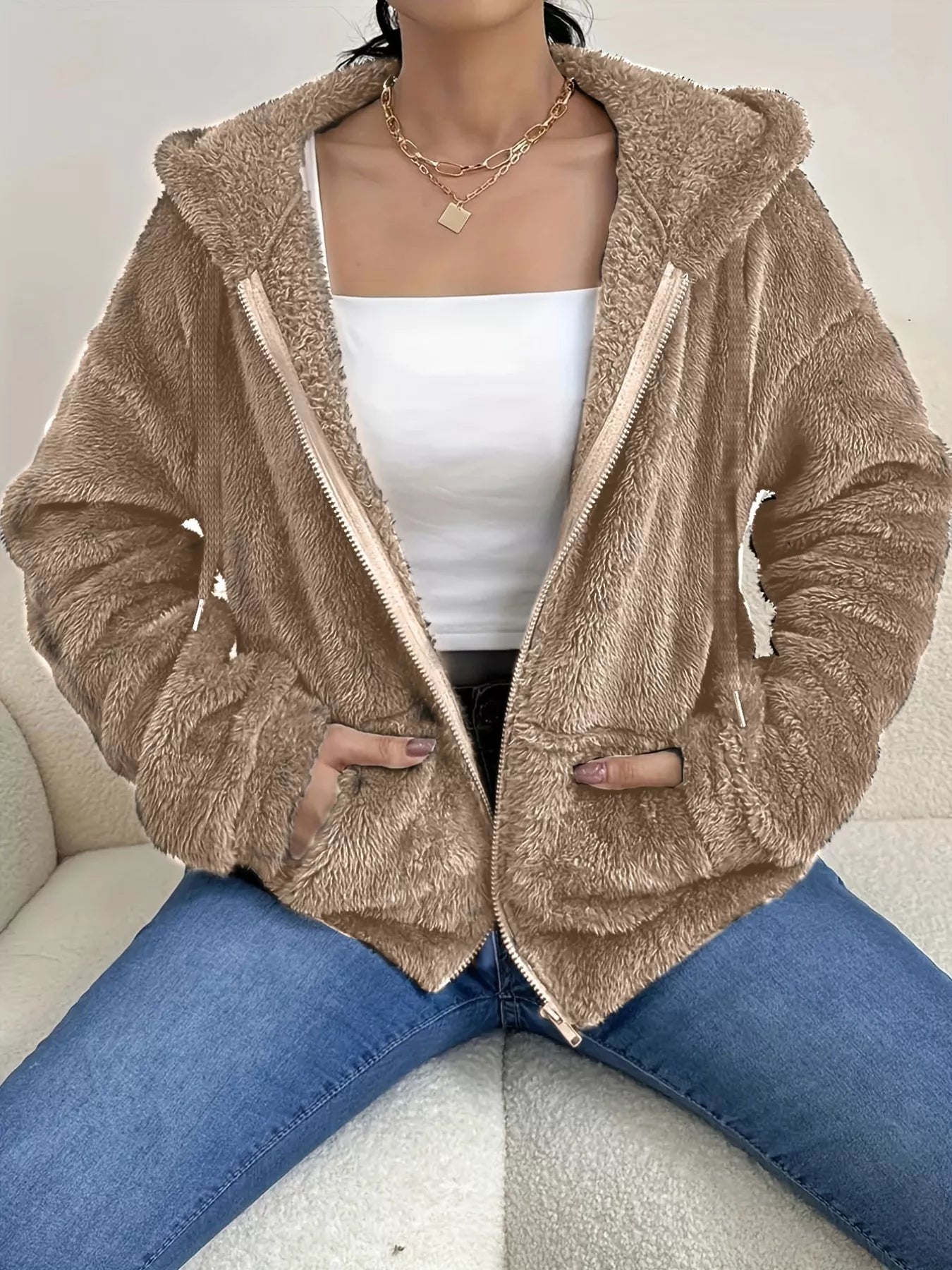 Drawstring Fleece Zip-Up Outerwear