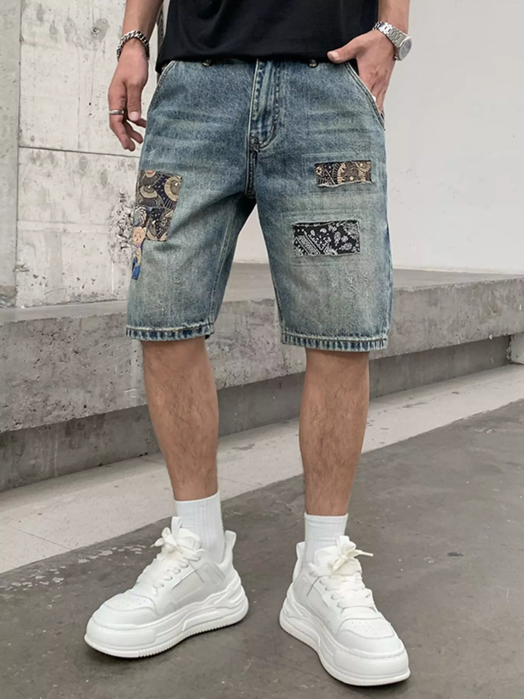 Men's Patchwork Graphic Denim Shorts