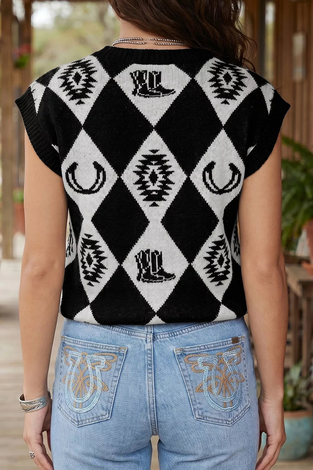 Retro Rhombus Western Print Drop Shoulder Short Sleeve Sweater
