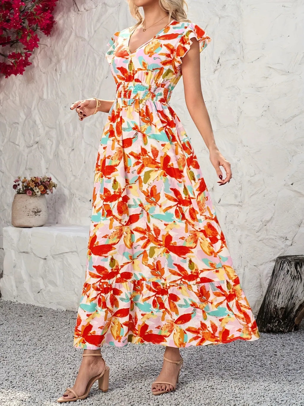 Ruffled V-Neck Cap Sleeve Dress