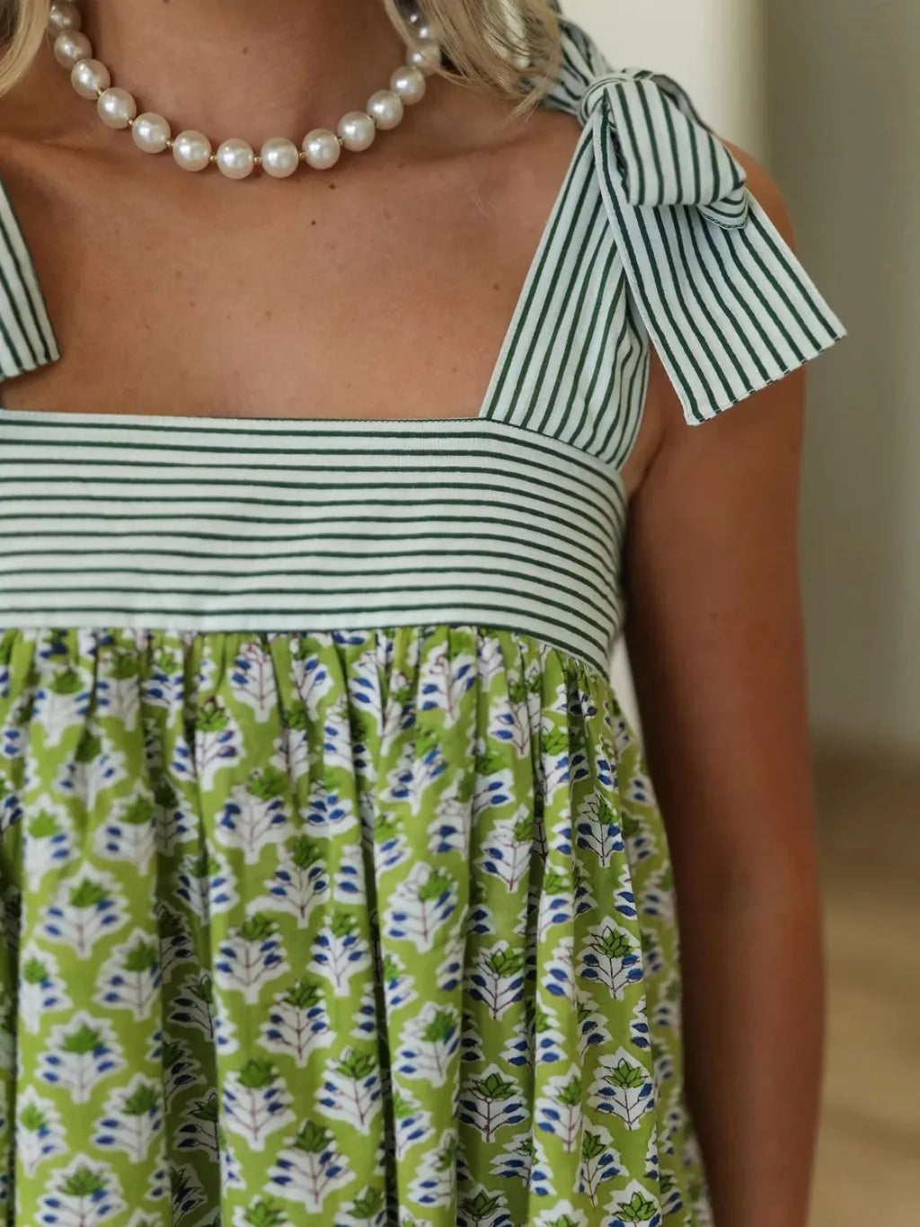 Printed Square Neck Tie Shoulder Mini Dress