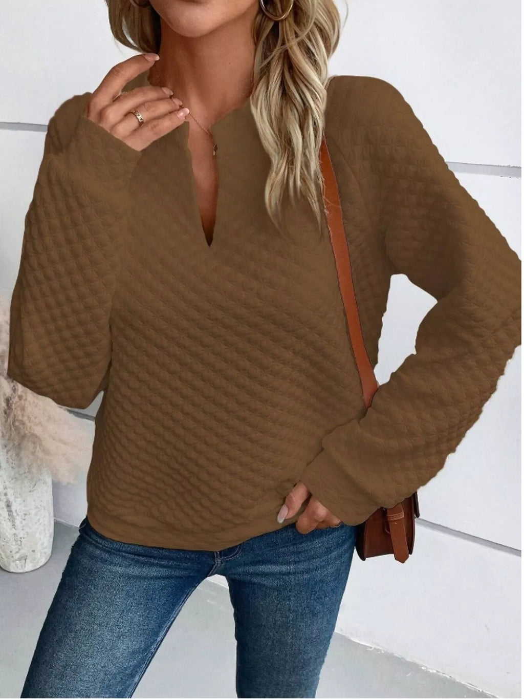 Textured Notched Raglan Sleeve Sweatshirt