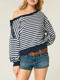 Striped Off-Shoulder Ribbon Accent Sweatshirt