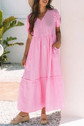 Striped Puff Sleeve V-Neck Maxi Dress