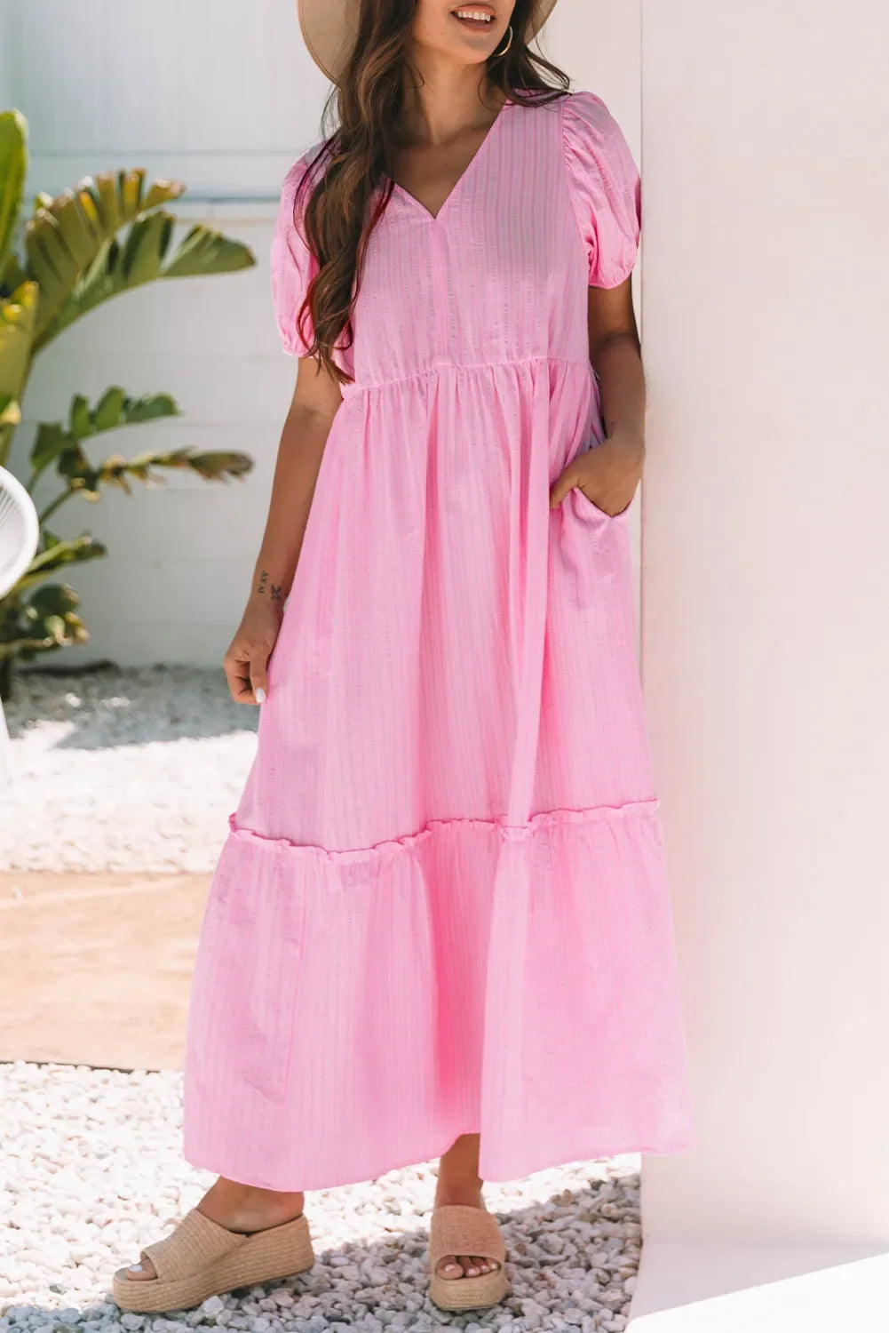 Striped Puff Sleeve V-Neck Maxi Dress