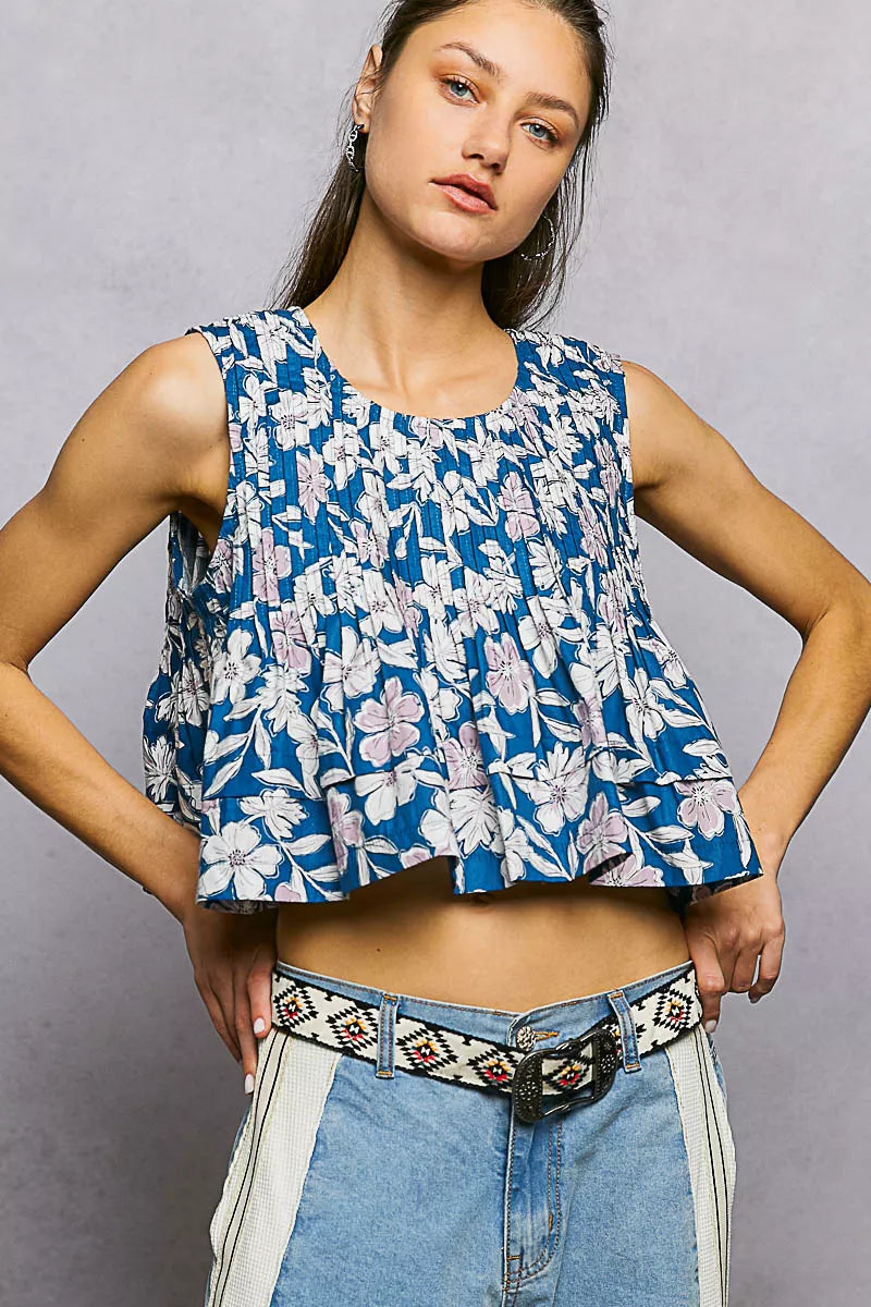 POL Floral Round Neck Cropped Pintuck Tank