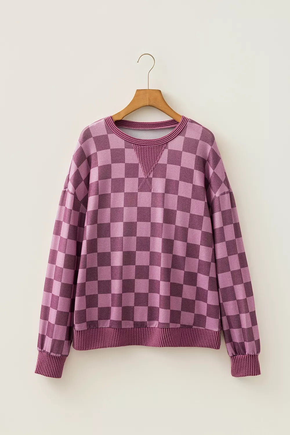 Ribbed Trim Checkered Print Long Sleeve Pullover Top