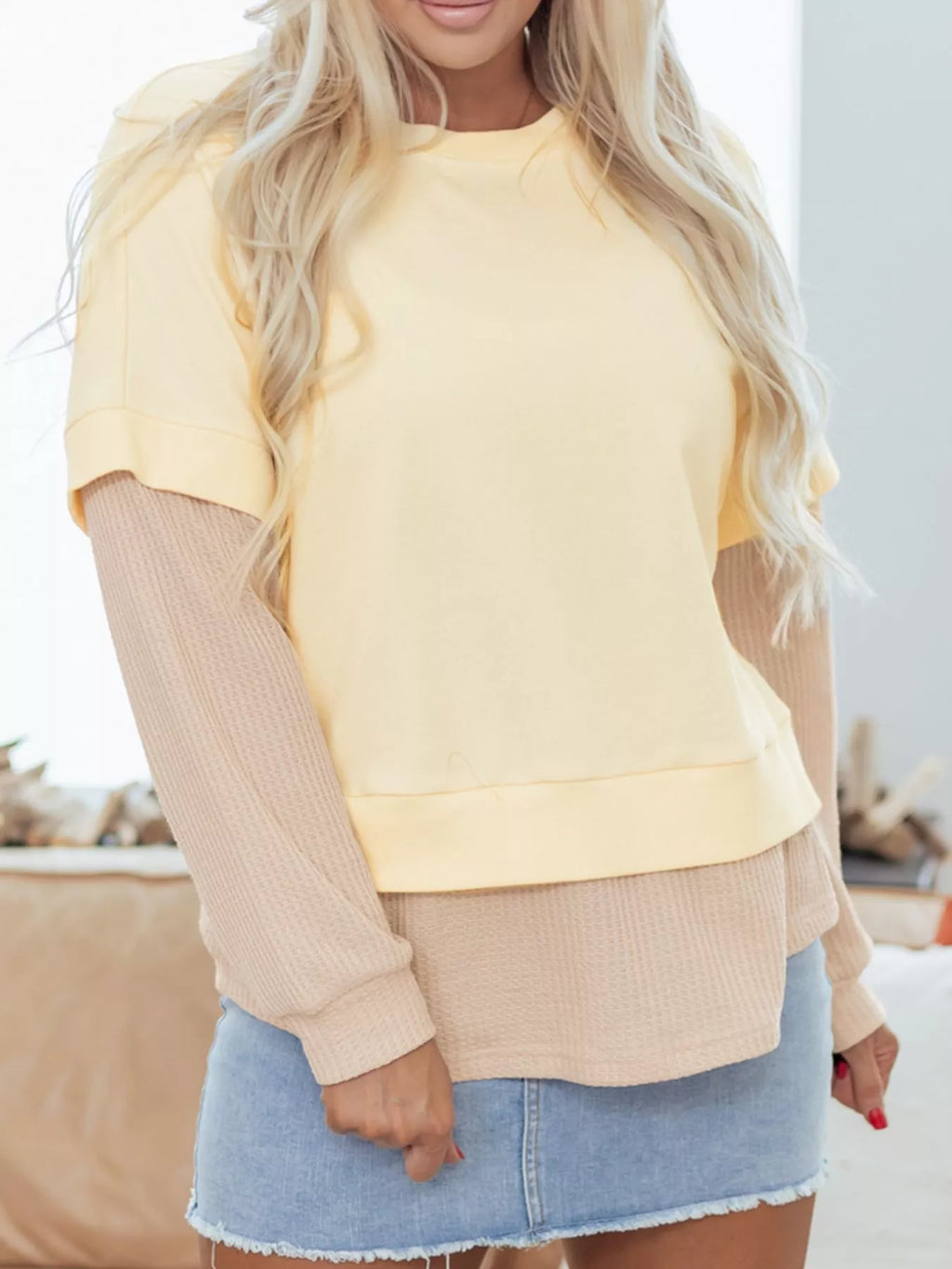 2 in 1 Faux Two Piece Patchwork Round Neck Sweatshirt