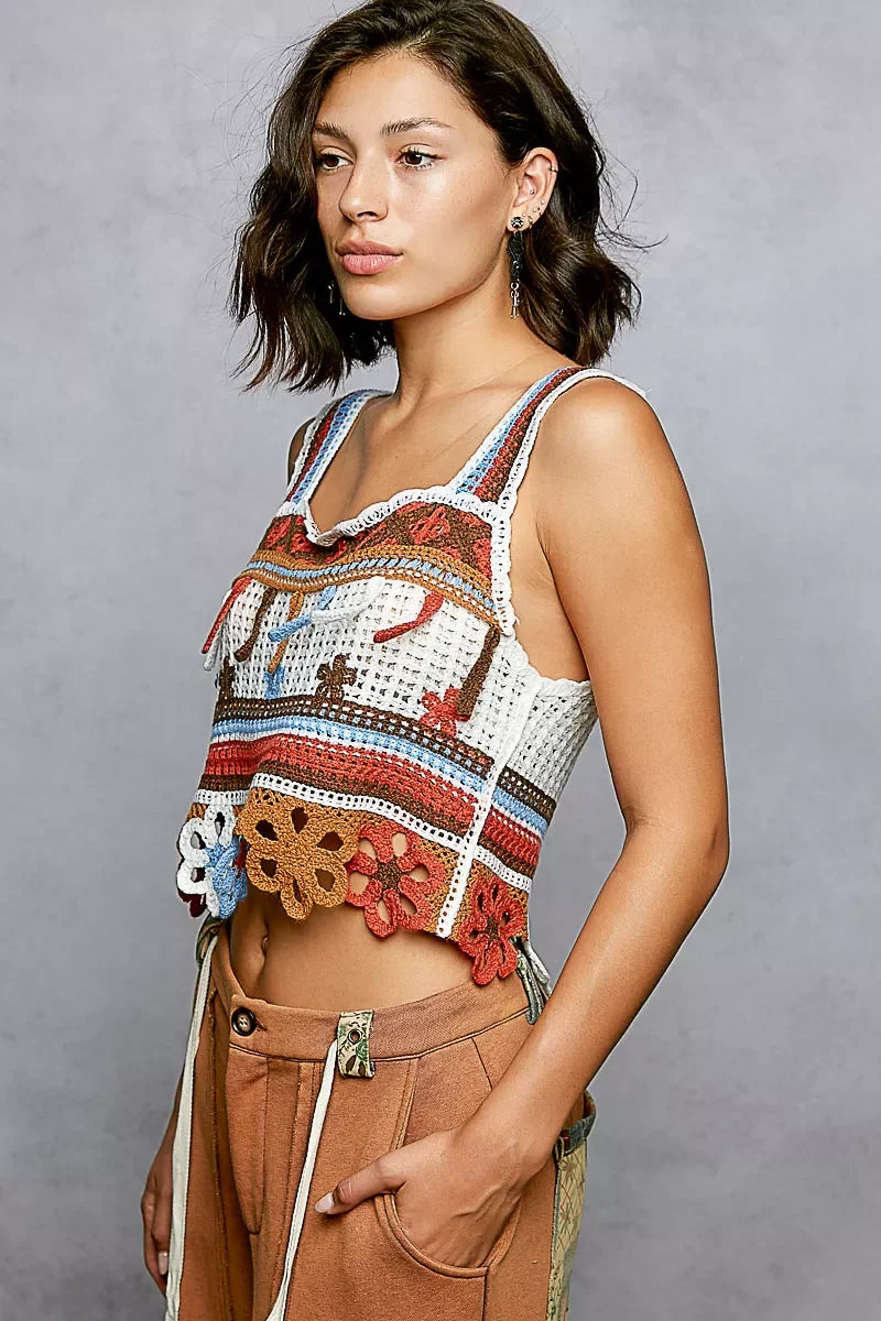 POL Cutout Flower Cropped Crochet Cami with with Dangle Detail