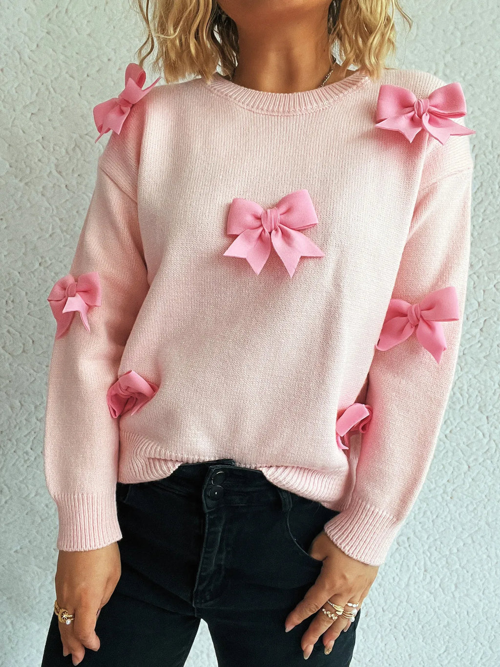 Bow Round Neck Long Sleeve Sweater