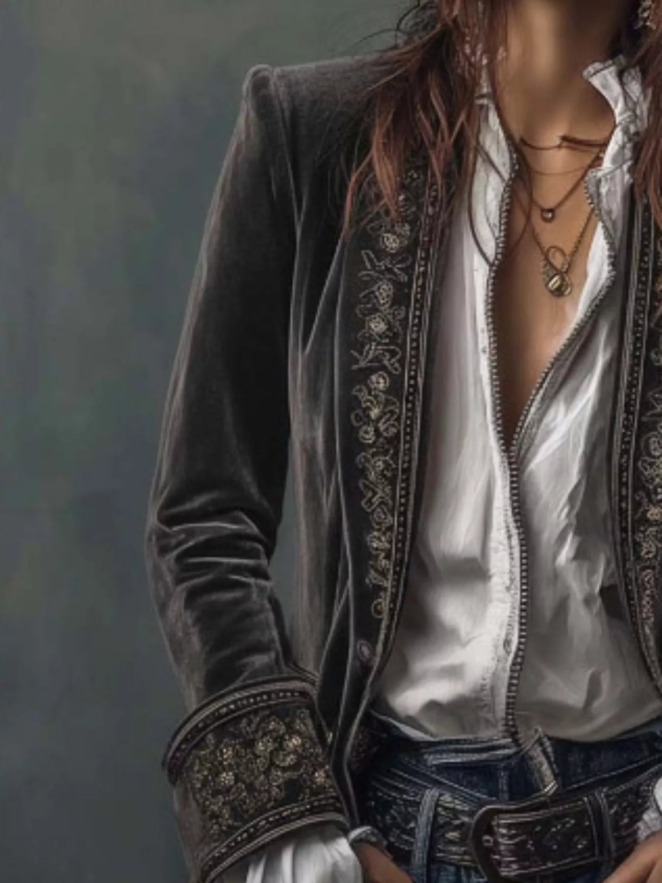 Embroidered Velvet Long Sleeve Outerwear