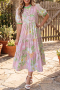 Floral Print Short Puff Sleeve High Waist Tiered Dress