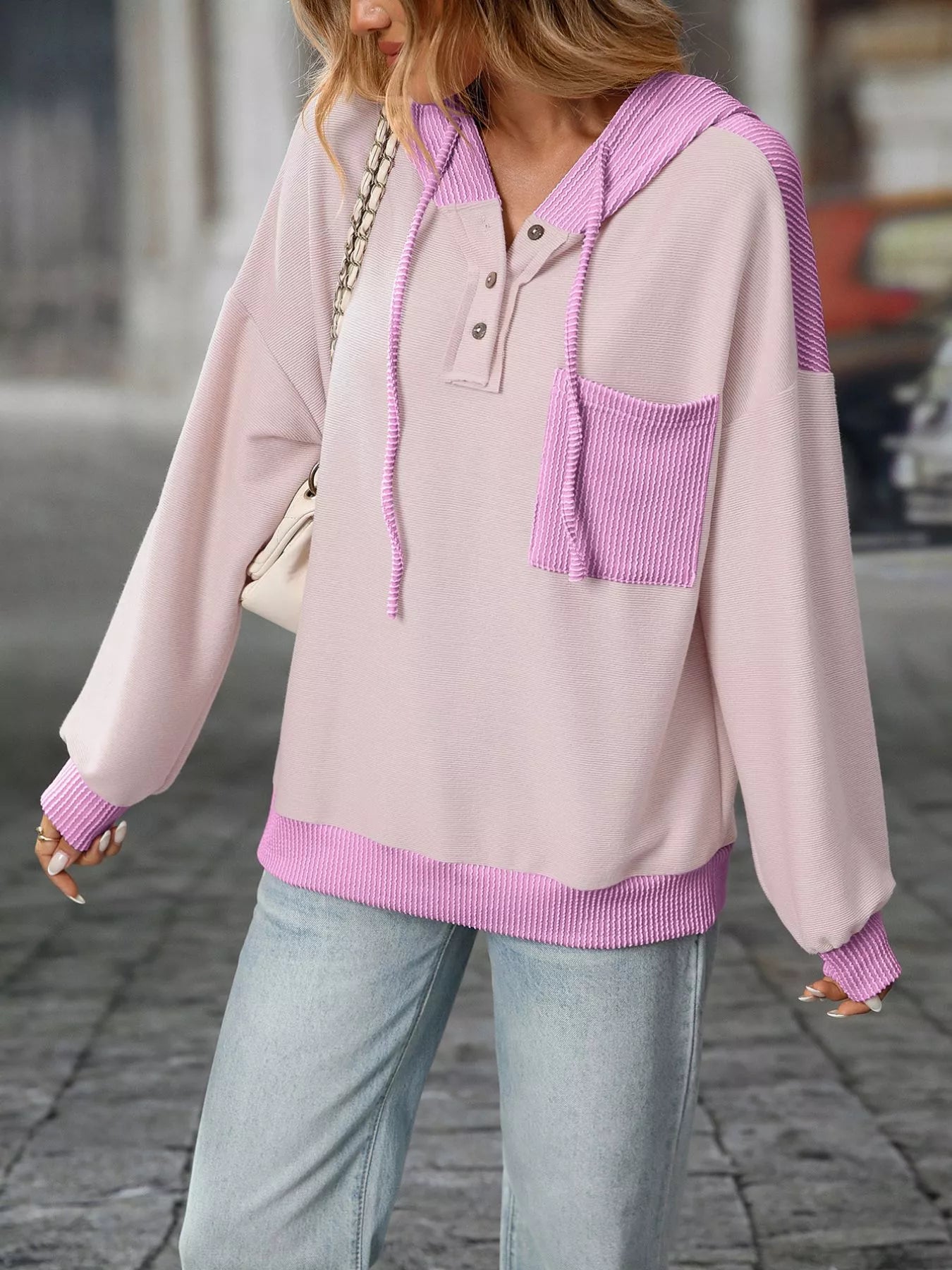 Casual Color Block Button Detail Hoodie