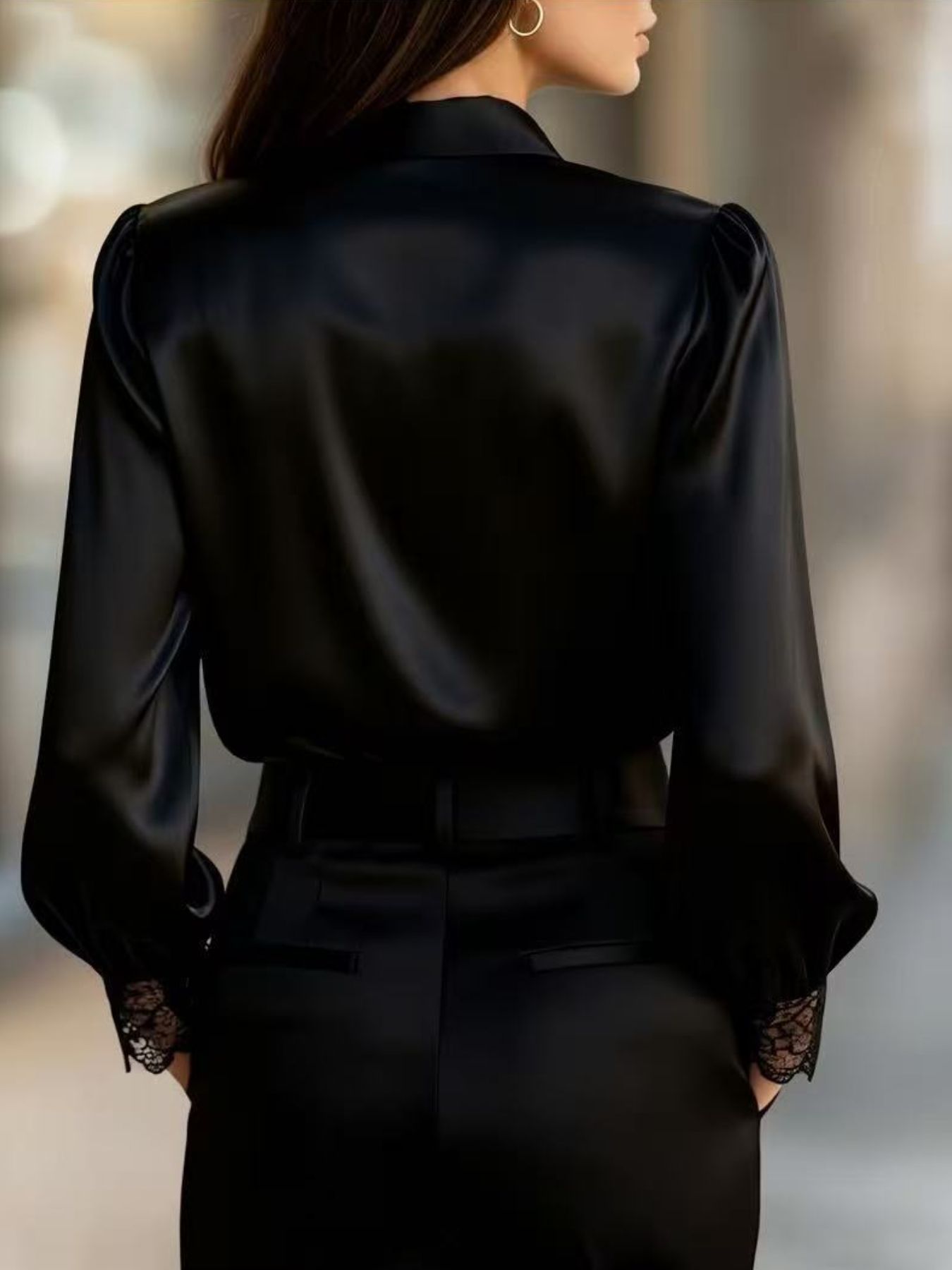 Lace Trim Satin Button Up Shirt
