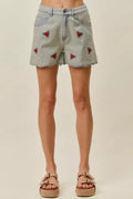 SO ME Rose Embroidery High Rise Scallop Hem Denim Shorts