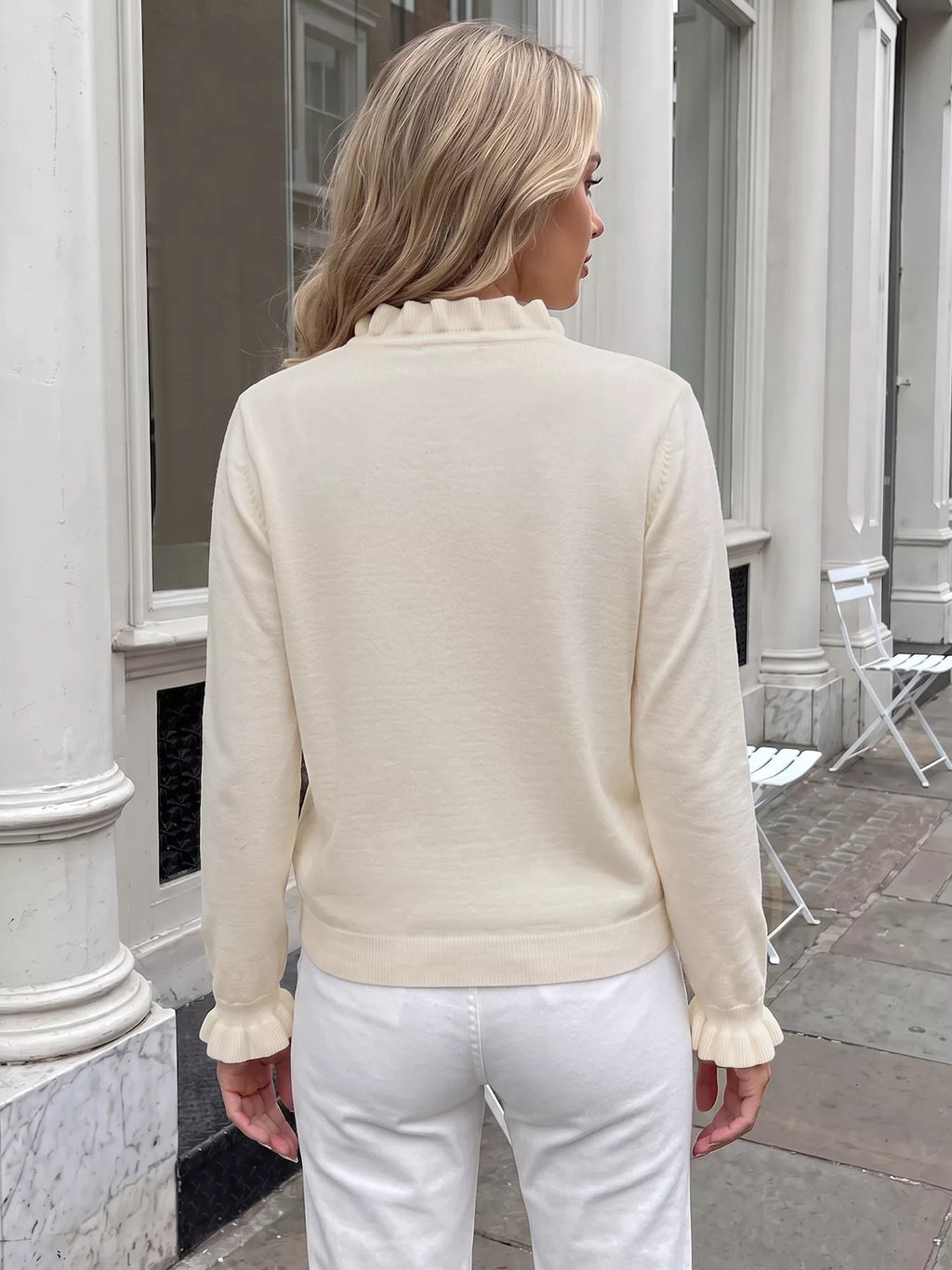Ruffle Trim Pearl Button V-Neck Knit Top