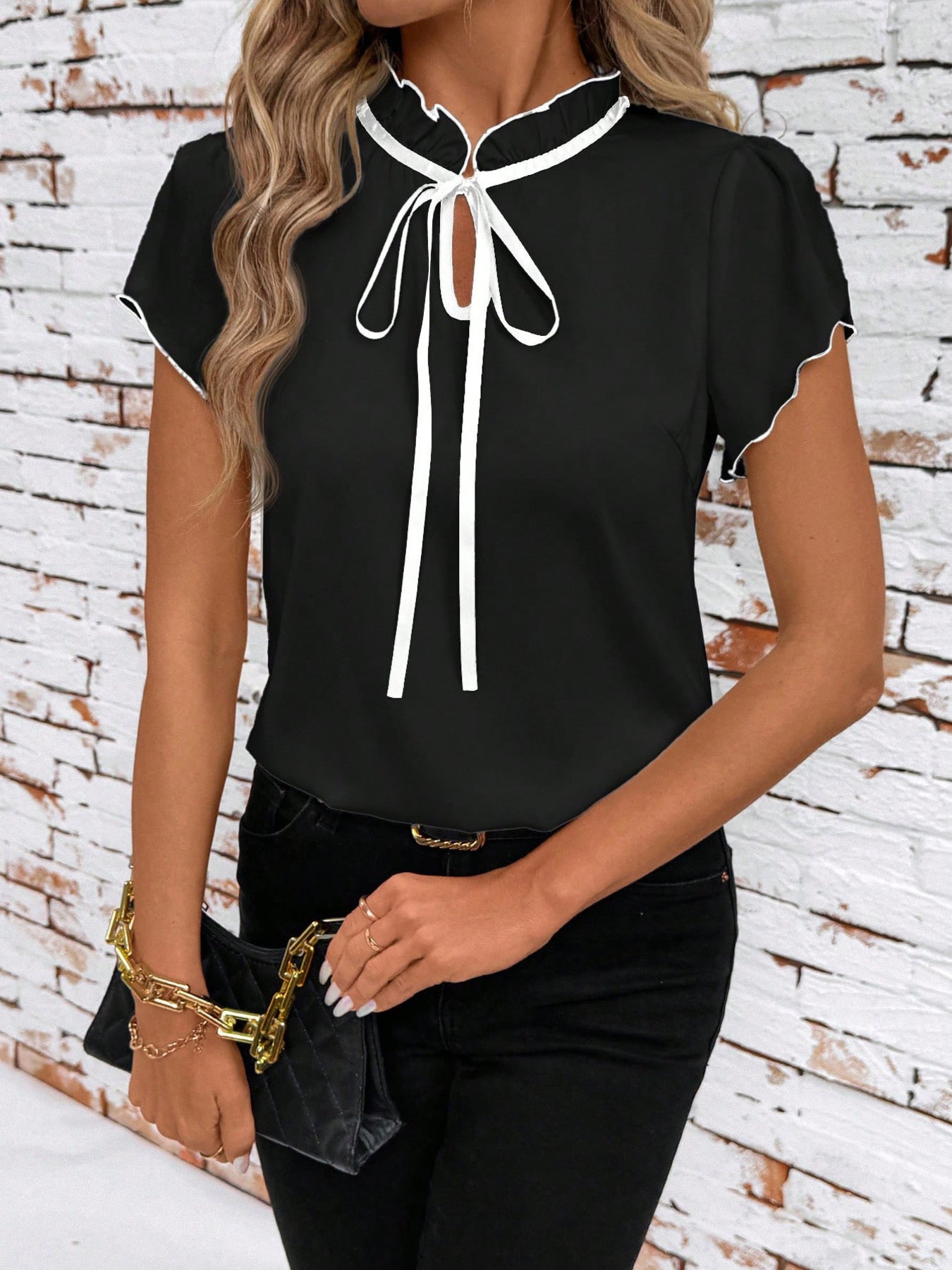 Tie Neck Short Sleeve Blouse