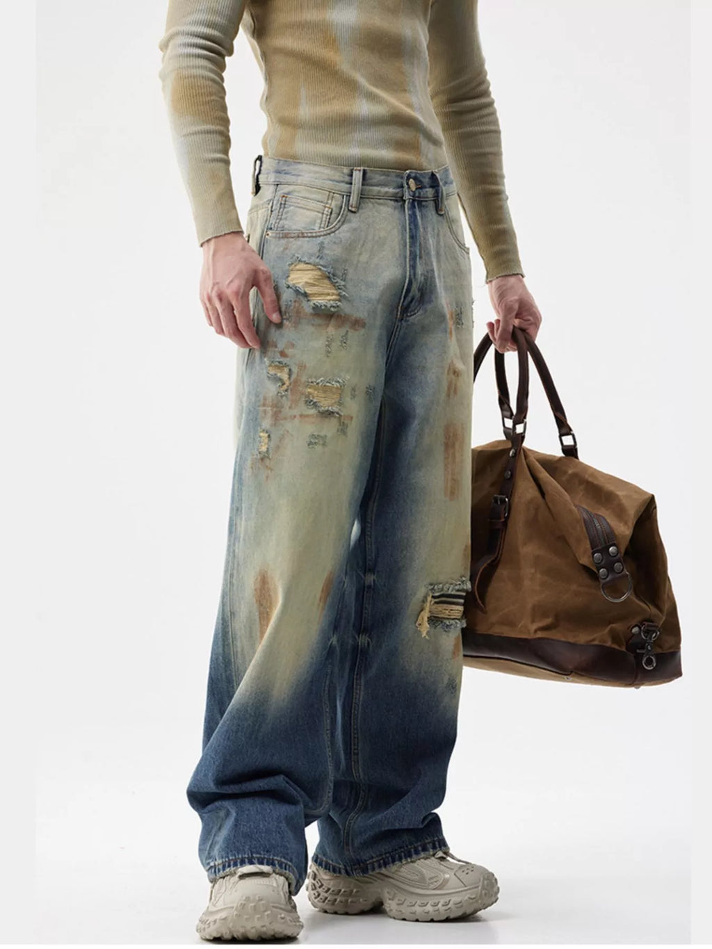 Men's Distressed Wide-Leg Jeans