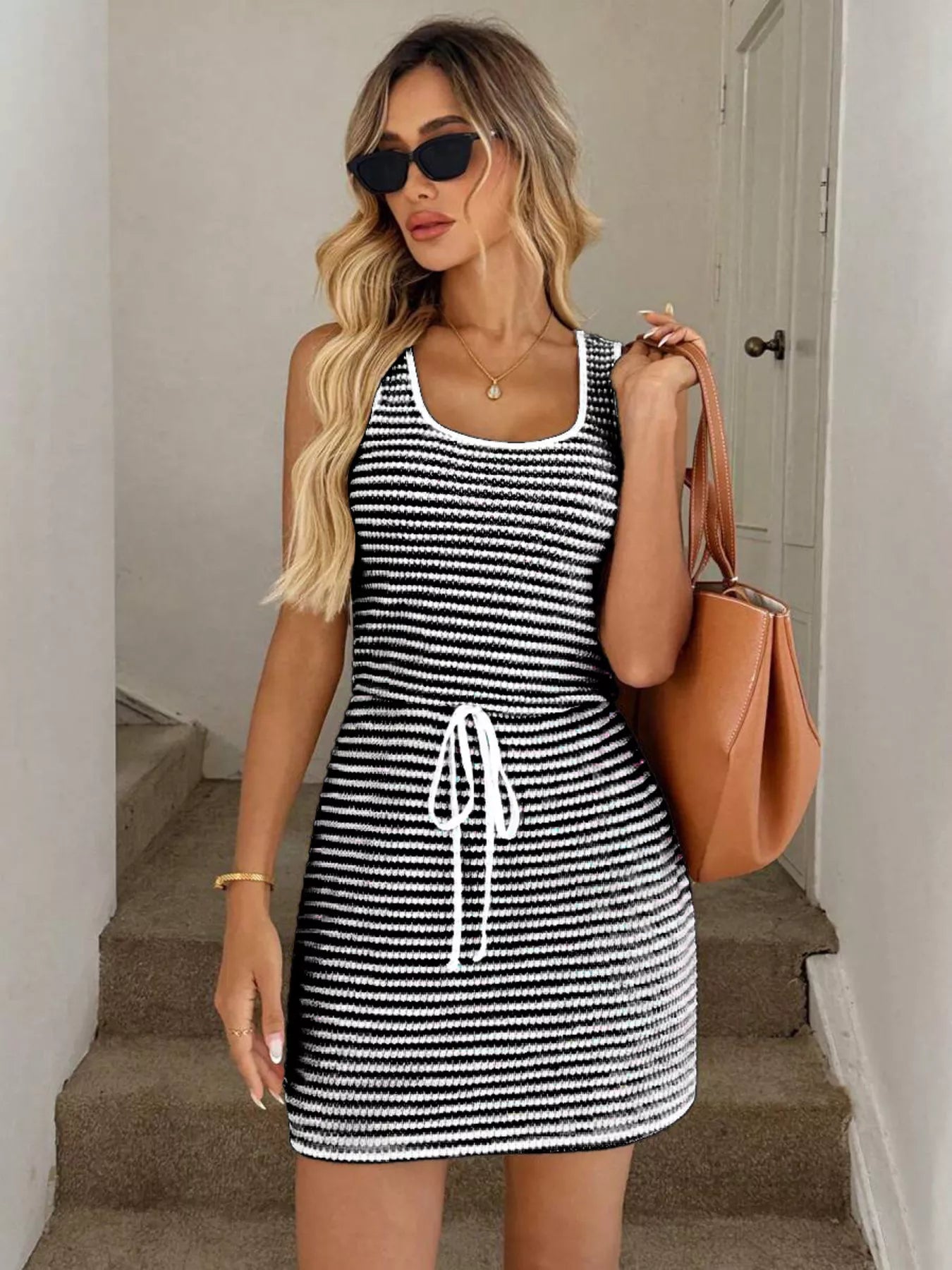 Striped Knitted Mini Dress with Drawstring
