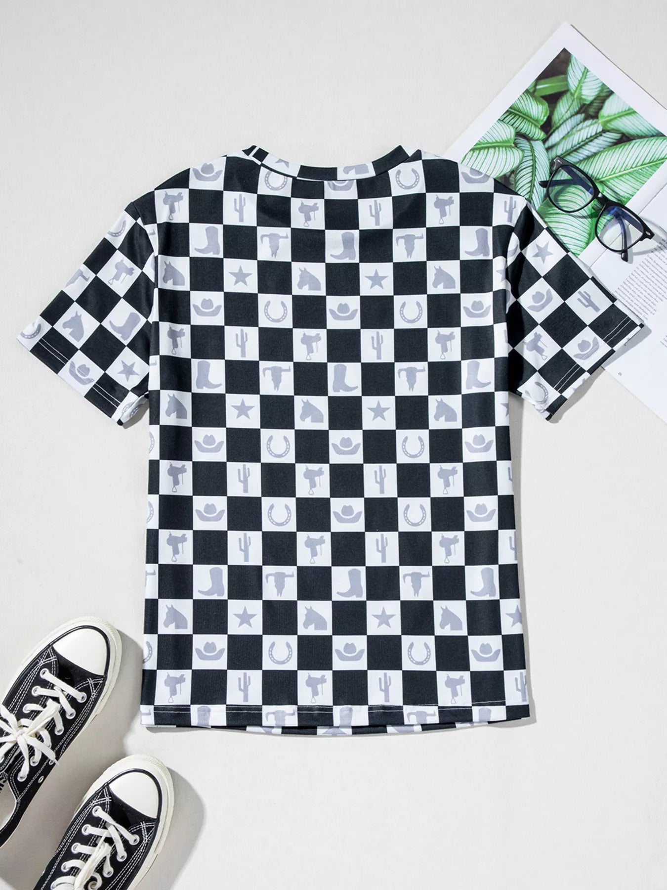 Western Checkerboard Print Side Split T Shirt