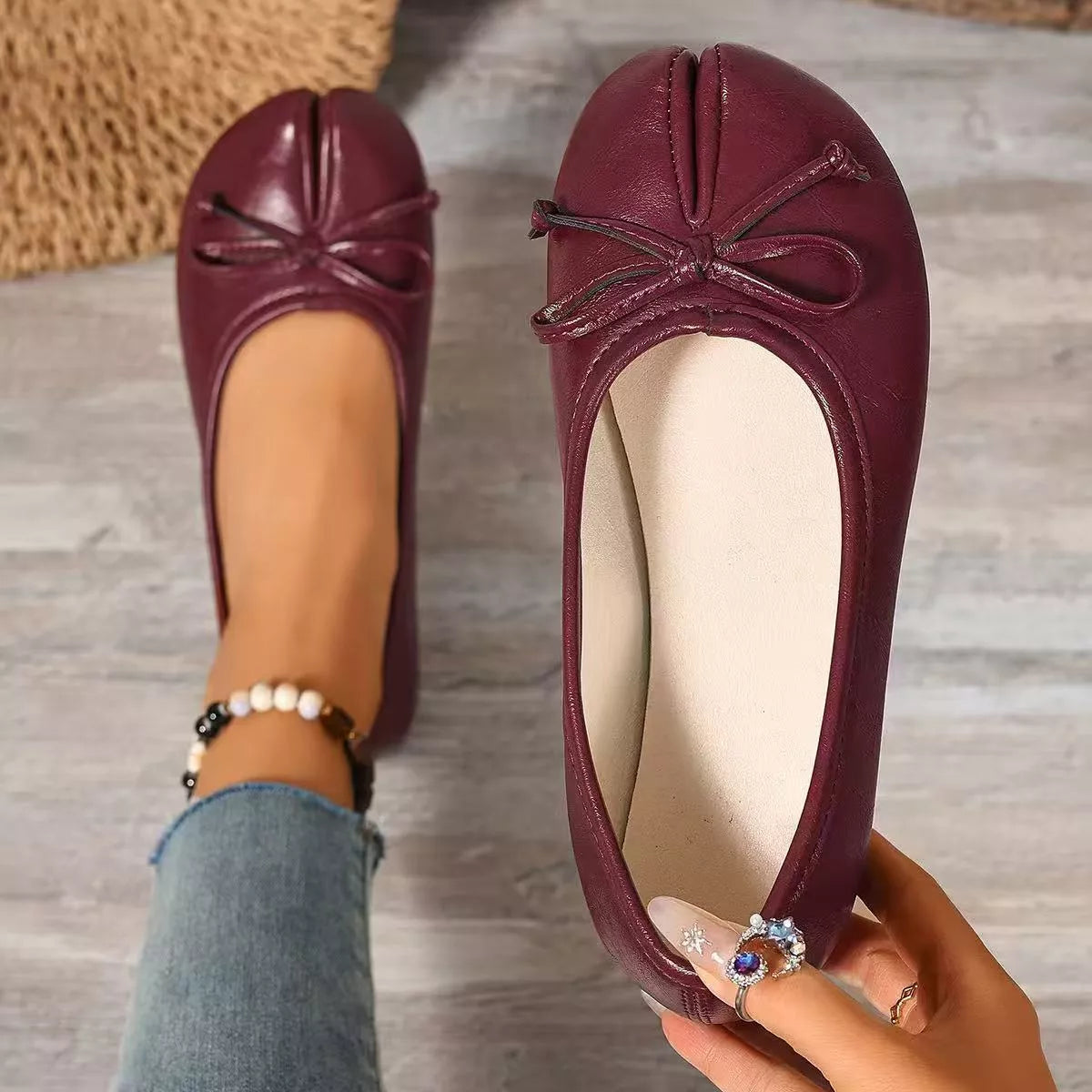 Bow Decor Split Toe Slip-Ons