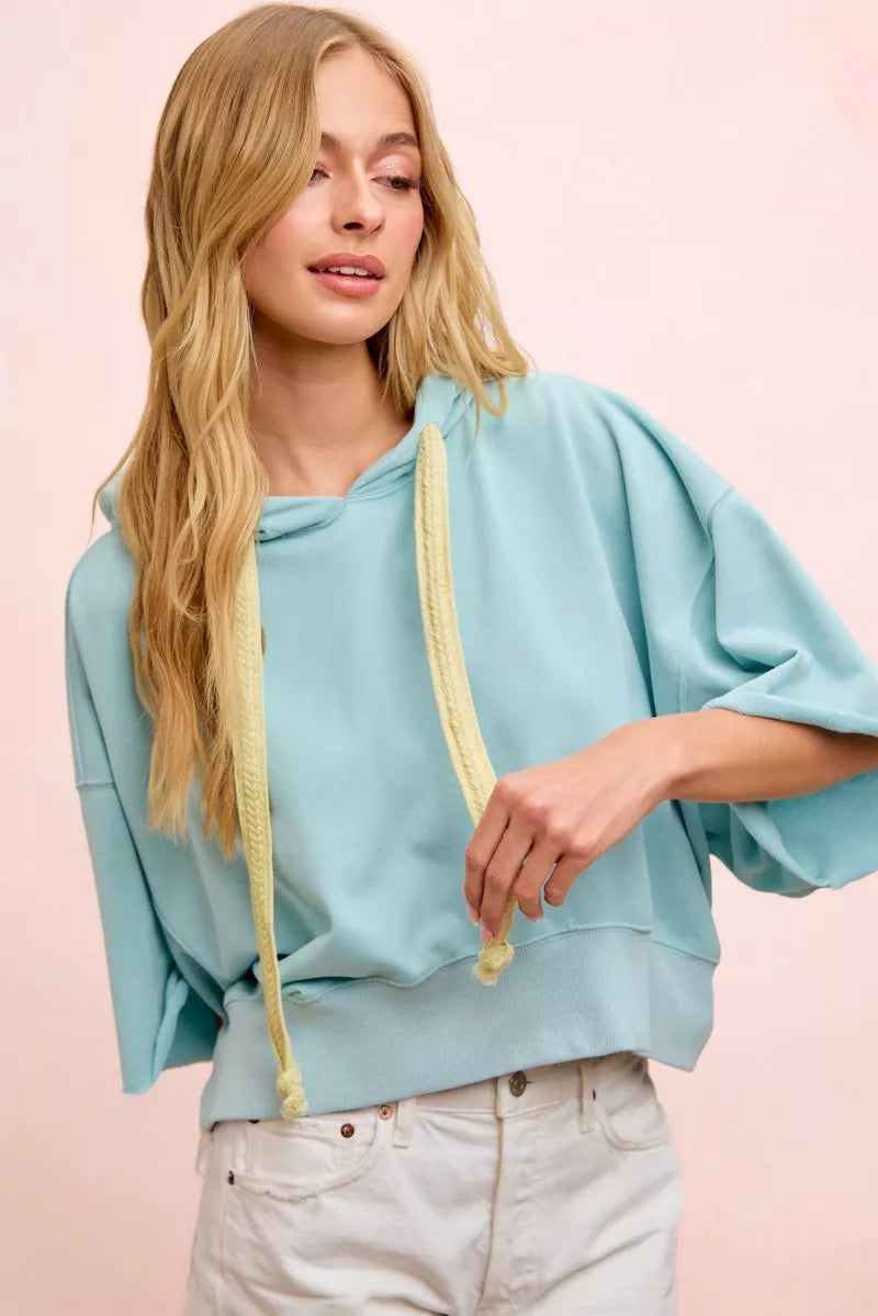 BiBi Washed Terry Short Sleeve Drawstring Hoodie Top