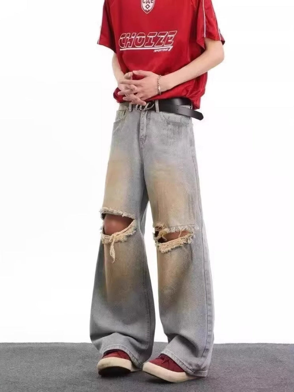 Men's Full Size Distressed Wide Leg Jeans Plus Size