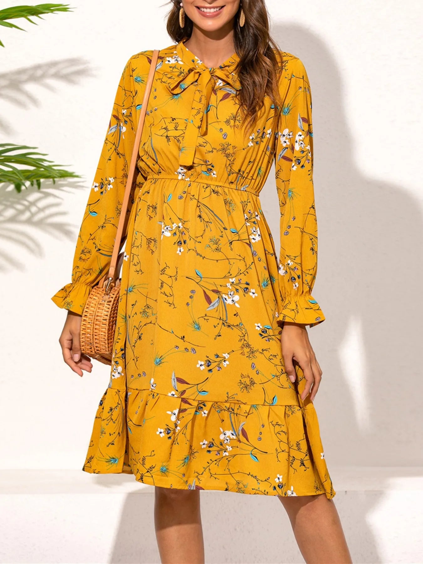 Ruffled Hem Floral Print Long Sleeve Dress