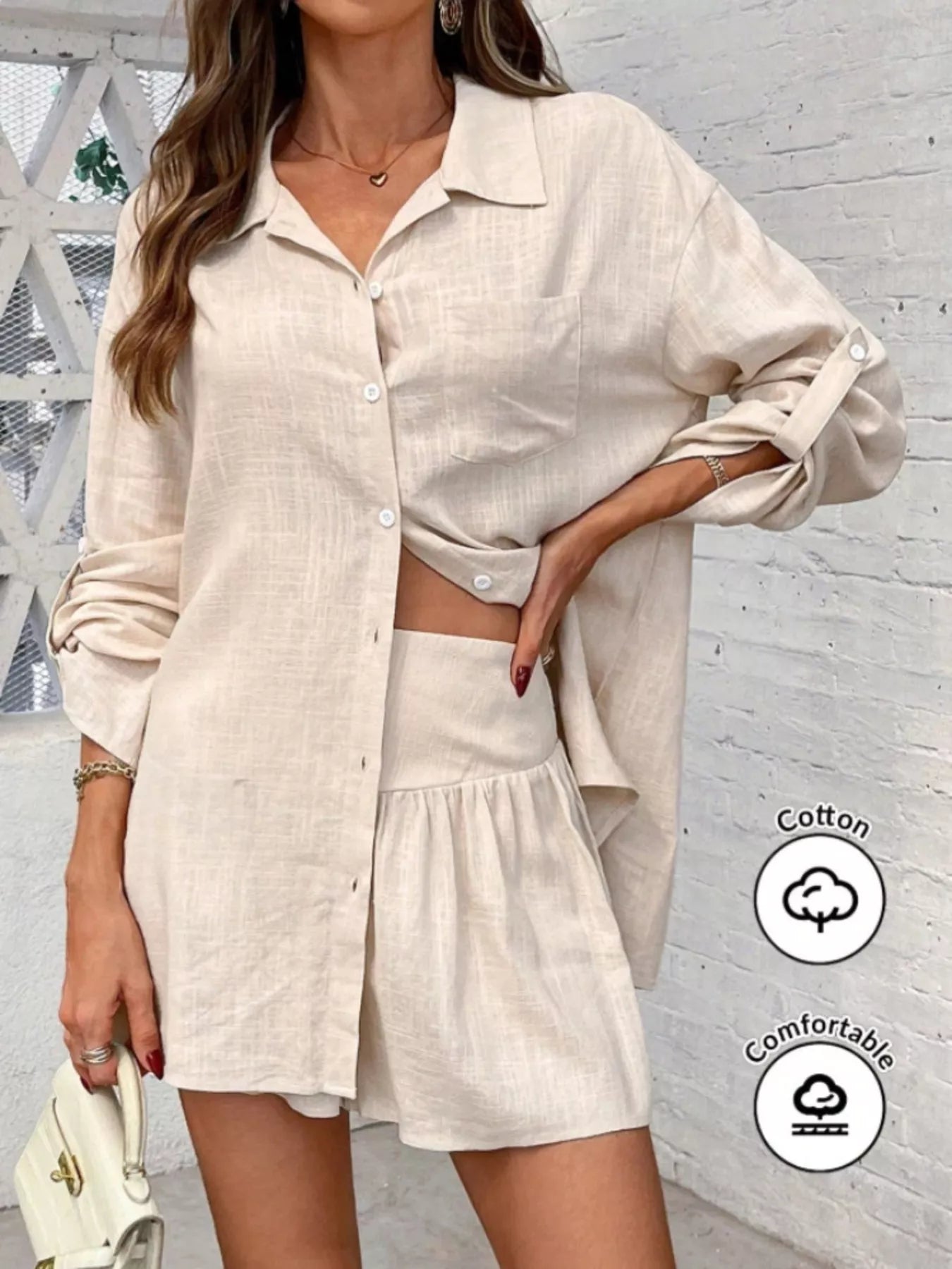 Button Up Roll-Up Sleeve Shirt and Shorts Set