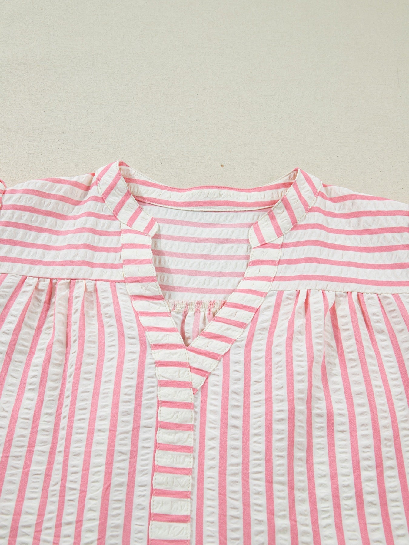 Stripe Print Floral Embroidered Puff Sleeve V Neck Blouse