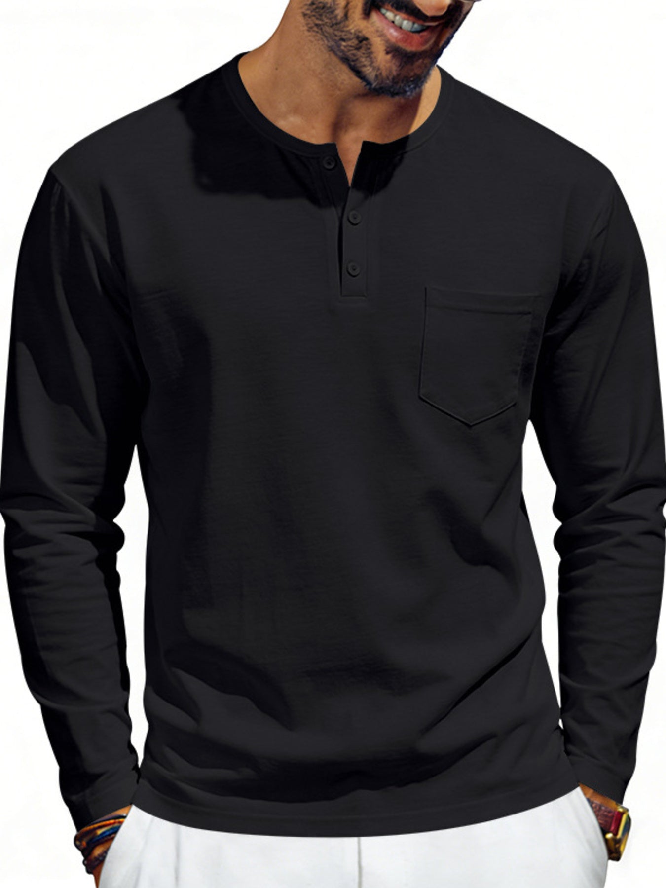 Men's Plus Size Casual Long Sleeve Henley T-Shirt with Pocket