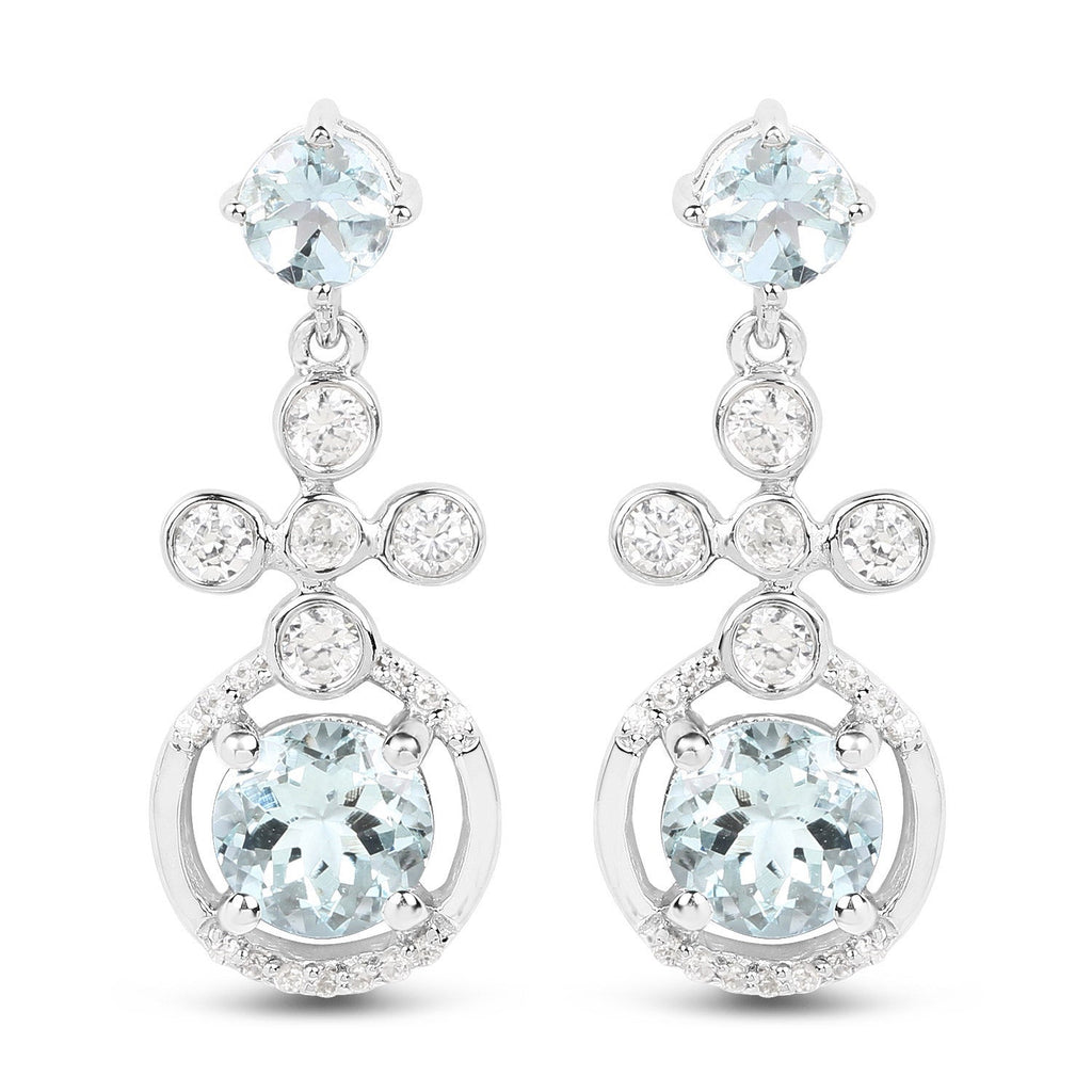 4.42 Carat Genuine Aquamarine and White Zircon .925 Sterling Silver Earrings