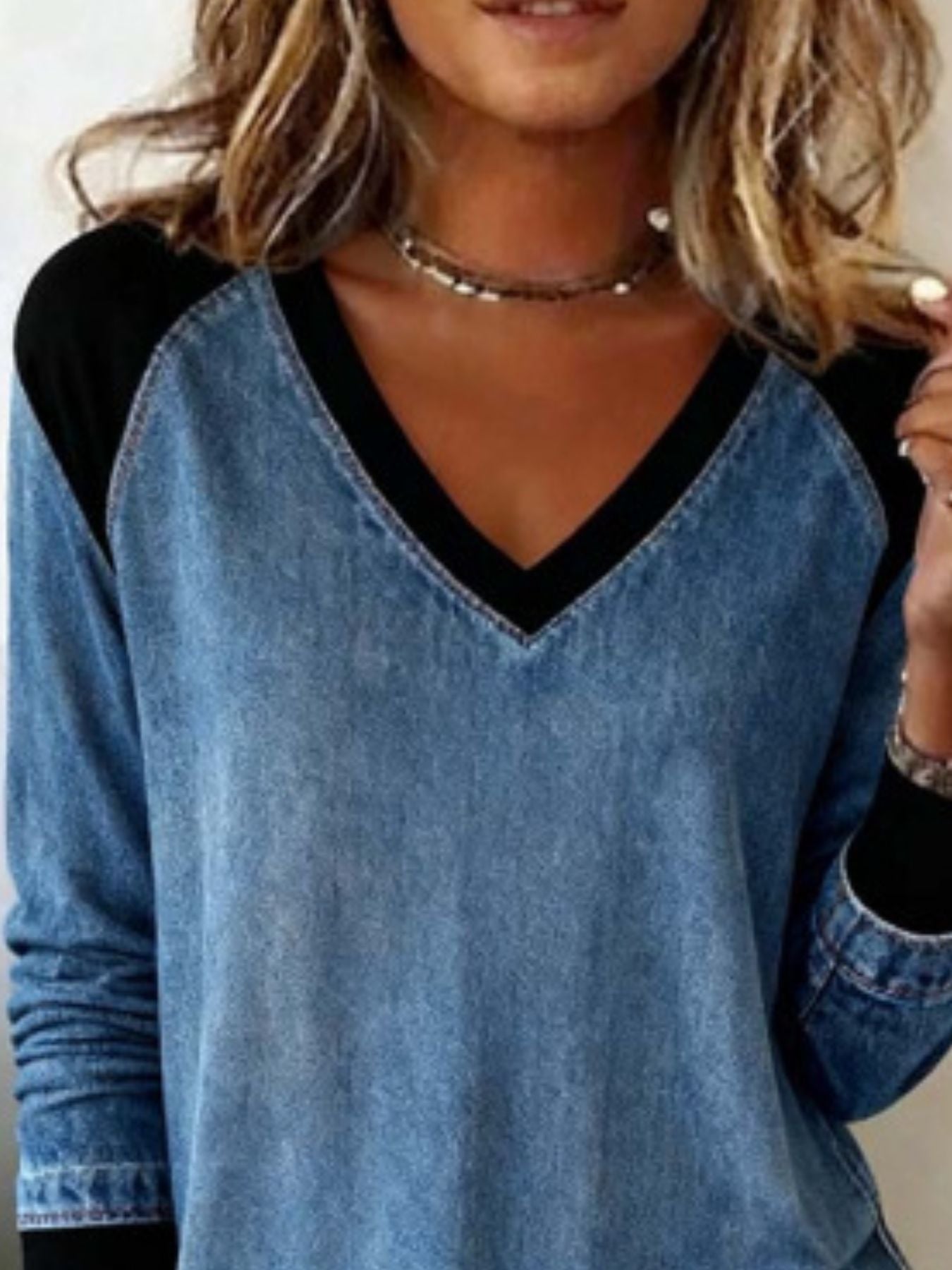 Full Size Patchwork V-Neck Long Sleeve Blouse Plus Size