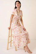 Mittoshop Flower Print Flutter Sleeve V Slit Maxi Dress